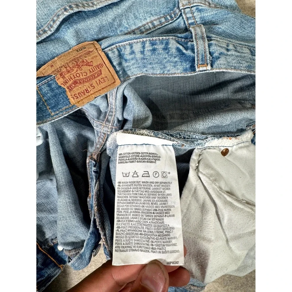 Levis 501 Original Fit Jeans Mens 38x34 Light Blue Whiskering Denim Straight Leg